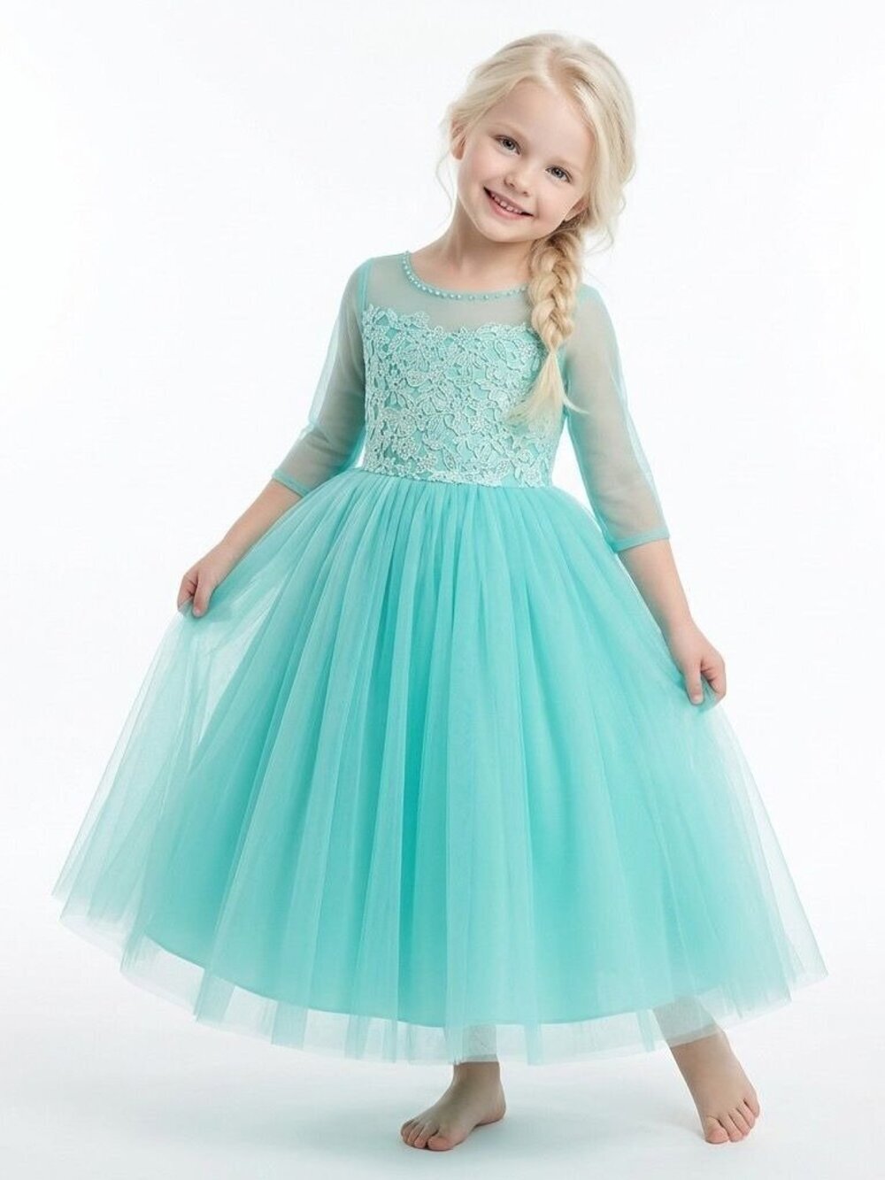Girls Princess Party Dress Aqua Blue Lace Tulle Birthday Party